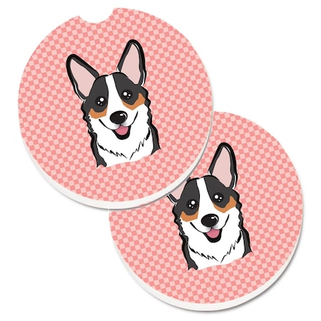 Carolines Treasures Checkerboard Pink Corgi Set of 2 Cup Holder Car Coaster BB1255CARC